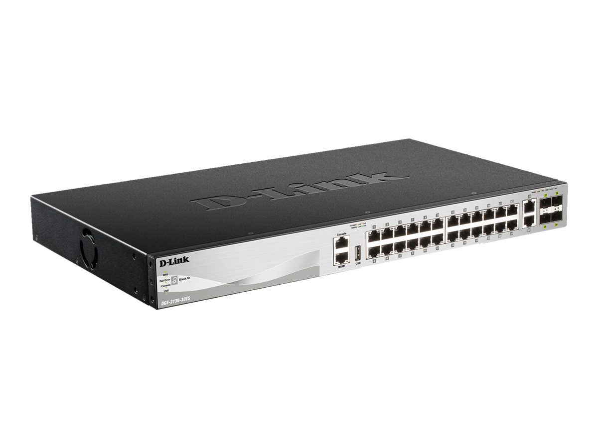 DGS-3130-30TS, Switch, Managed L3, Rack mountable, Gigabit Ethernet (copper) ports quantity 24, 10 Gbps (RJ-45) ports quantity 2, SFP+ ports quantity 4, Power supply type Optional redundant