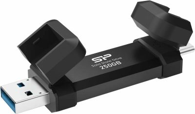 Silicon Power Portable External SSD, DS72, 250 GB, USB Type-A and USB Type-C 3.2 Gen 2, Black