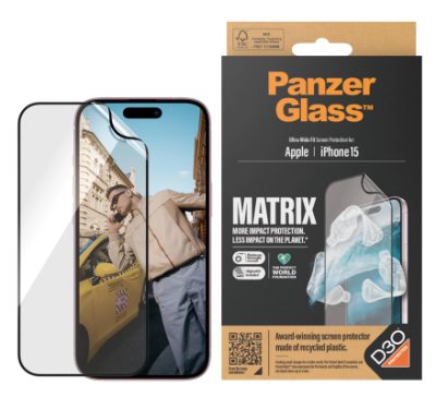 Screen protector, Apple, iPhone 15, Recycled plastic, Transparent, Ultra-Wide Fit; Easy installation; Fingerprint resistant; Anti-yellowing; Touch sensitivity, MATRIX with D3O