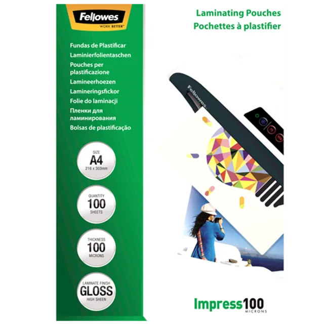 Fellowes | Laminating Pouch | A4 | Clear | Thickness: 100 micron, Qty Per Pack: 100 pcs; Ideal for notices, craft materials, signage and frequently handled documents; Compatible with all laminator brands