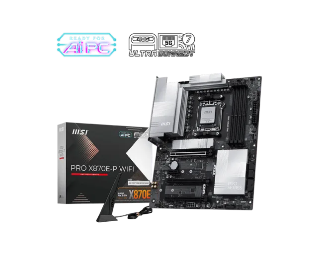MSI PRO X870E-P WIFI | Processor family AMD | Processor socket AM5 | DDR5 UDIMM | Supported hard disk drive interfaces SATA, M.2 | Number of SATA connectors 4