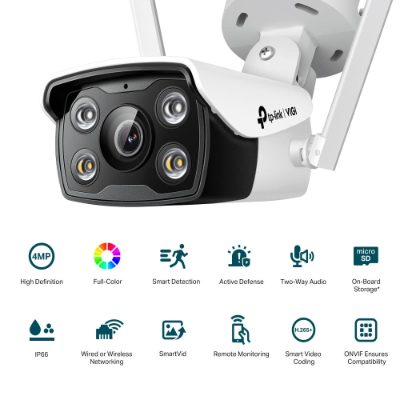 VIGI 4MP Outdoor Full-Color Wi-Fi Network Camera, VIGI C340-W, Bullet, 4 MP, 4 mm, IP66, H.265+/H.265/H.264+/H.264, MicroSD