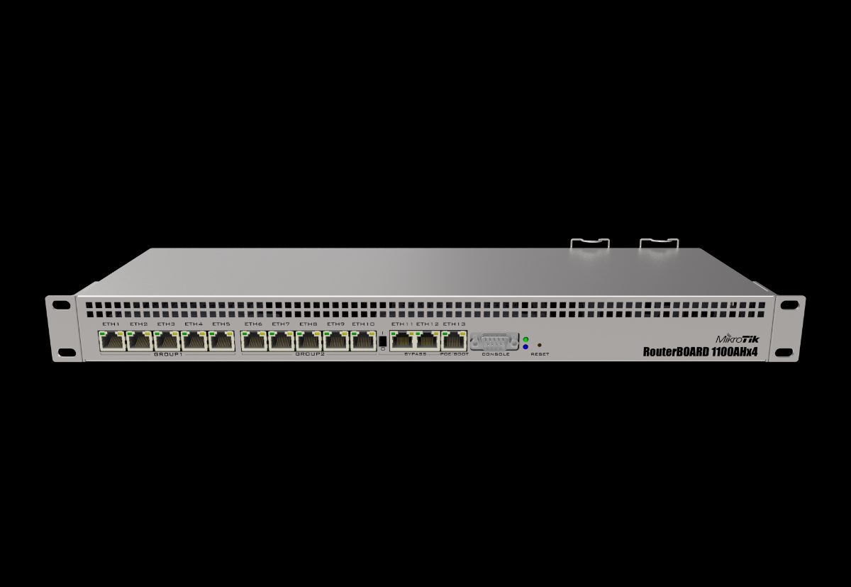 Mikrotik Wired Ethernet Router RB1100x4, 1U Rackmount, Quad core 1.4GHz CPU, 1 GB RAM, 128 MB, 13xGigabit LAN, 1xSerial console port RS232, PCB Temperature and Voltage Monitor, IP20, RouterOS L6, MikroTik, Wired Ethernet Router, RB1100AHx4, No Wi-Fi, 10/100/1000 Mbit/s, Ethernet LAN (RJ-45) ports 13, Mesh Support No, MU-MiMO No, No mobile broadband, 12 month(s)