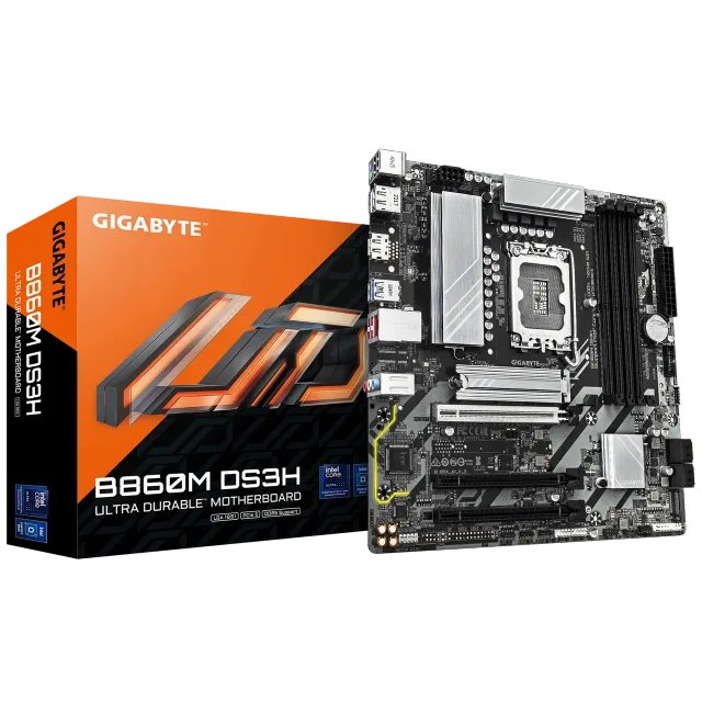 Gigabyte B860M DS3H | Processor family Intel | Processor socket LGA1851 | DDR5 | Supported hard disk drive interfaces M.2, SATA | Number of SATA connectors 4