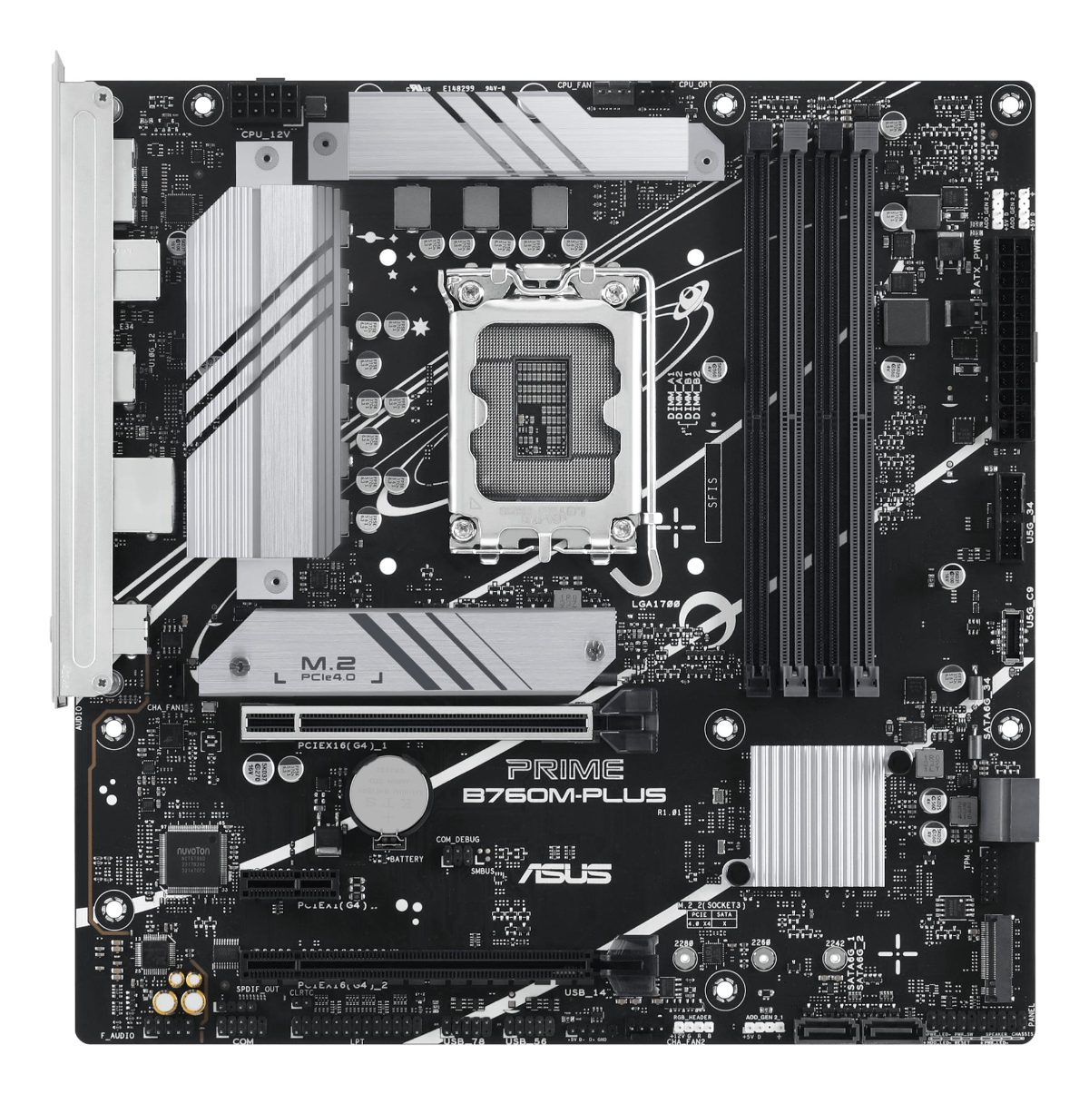 Mainboard, ASUS, Intel B760 Express, LGA1700, Micro-ATX, Memory DDR5, Memory slots 4, 1xPCI-Express 4.0 1x, 2xPCI-Express 4.0 16x, 2xM.2, 1xHDMI, 1xDisplayPort, 4xUSB 2.0, 2xUSB 3.2, 1xPS/2, 1xRJ45, 3xAudio port, PRIMEB760M-PLUS
