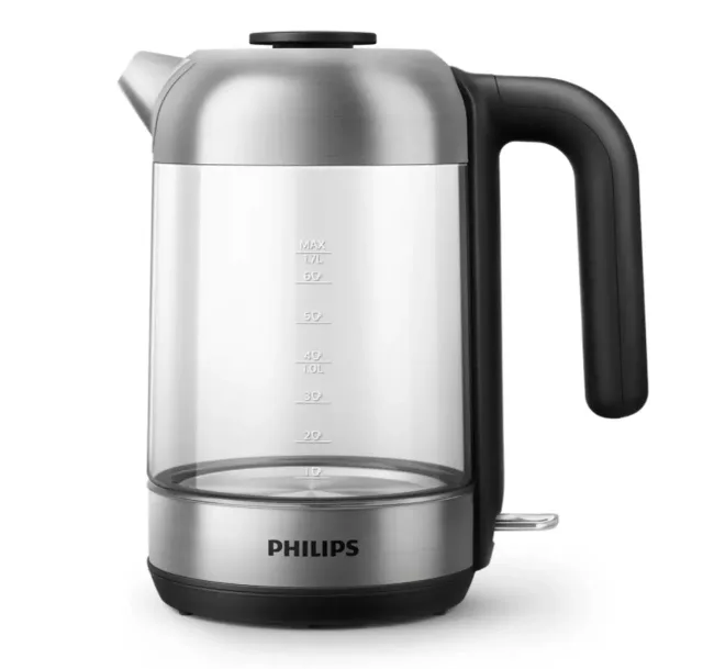 PHILIPS Tējkanna 1.7 l, stikla, melna/sudraba