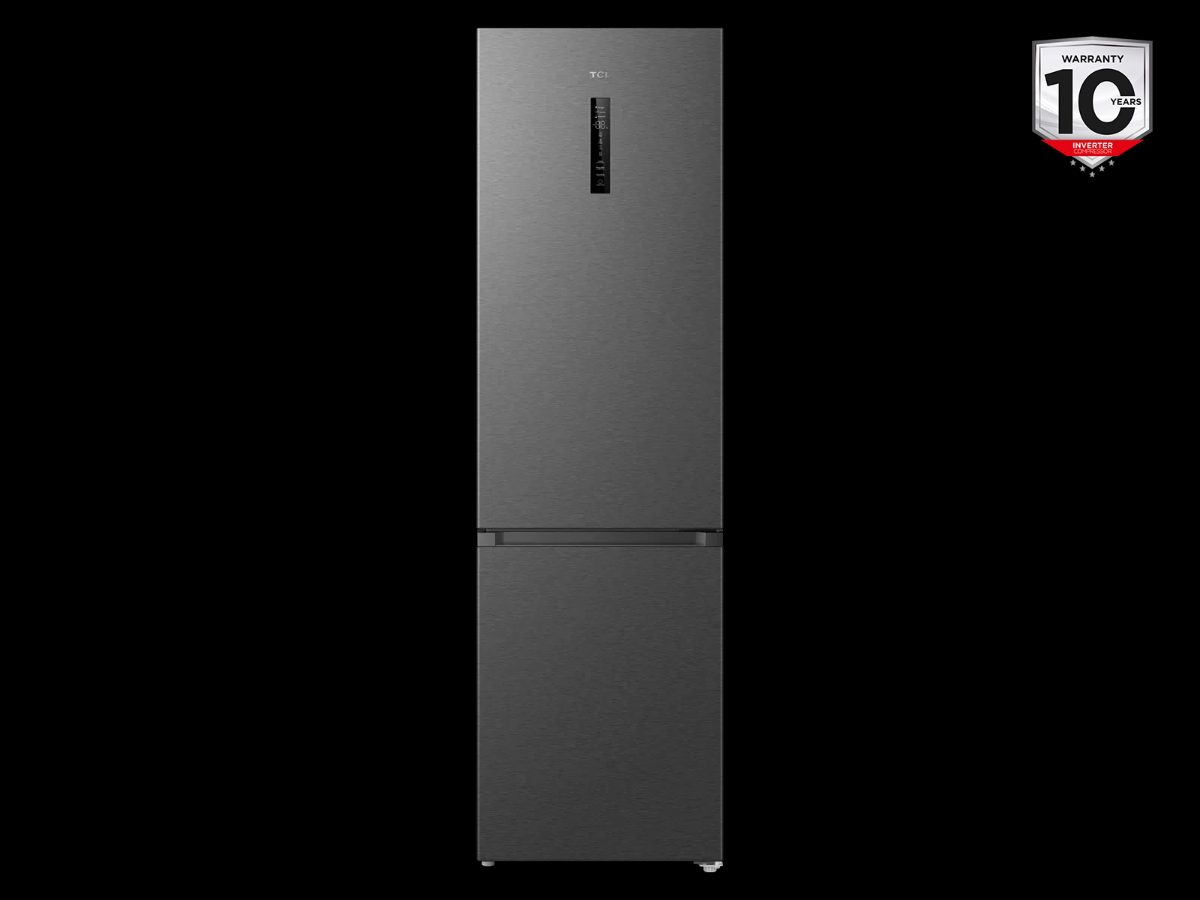 TCL Refrigerator, RC382BXC0EU, Energy efficiency class C, Free standing, Combi, Height 203 cm, No Frost system, Fridge net capacity 265 L, Freezer net capacity 117 L, Display, 35 dB, Inox