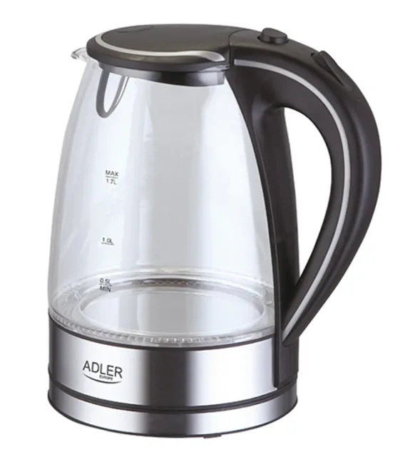 Adler | Kettle | AD 1225 | Standard | 2000 W | 1.7 L | Glass | 360° rotational base | Stainless steel/Transparent