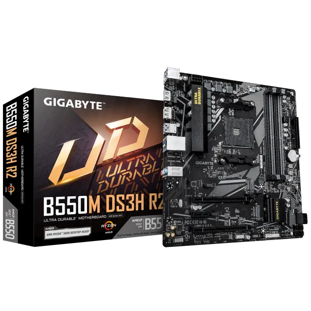 Gigabyte B550M DS3H R2 | Processor family AMD | Processor socket AM4 | DDR4 DIMM | Supported hard disk drive interfaces SATA, M.2 | Number of SATA connectors 4