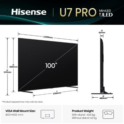 TV Set, HISENSE, 100 ", 4K Ultra HD, 3840 x 2160 pixels, Flat, 16:9, ULED, 100U7QPRO