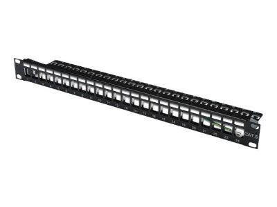 Modular Patch Panel, DN-91411, Layout Keystone Entry: Straight; Area of application: 483 mm (19") cabinet; Suitable for 483 mm (19") cabinet mounting; Housing material: 1.5 mm SPCC cold rolled stell sheet, powder-coated; Ports: 24, Black
