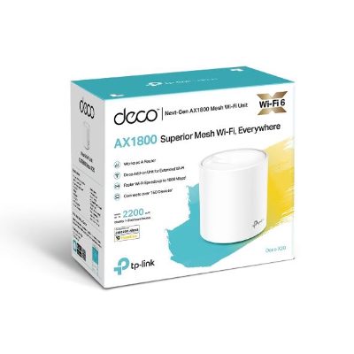 TP-Link Deco X20(1-pack) AX1800 Whole Home Mesh Wi-Fi 6 System, TP-LINK, Deco X20(1-pack) AX1800 Whole Home Mesh Wi-Fi 6 System, AX1800, 802.11ax, 1201 Mbit/s, Ethernet LAN (RJ-45) ports 1, Mesh Support Yes, MU-MiMO Yes, No mobile broadband, Antenna type Internal