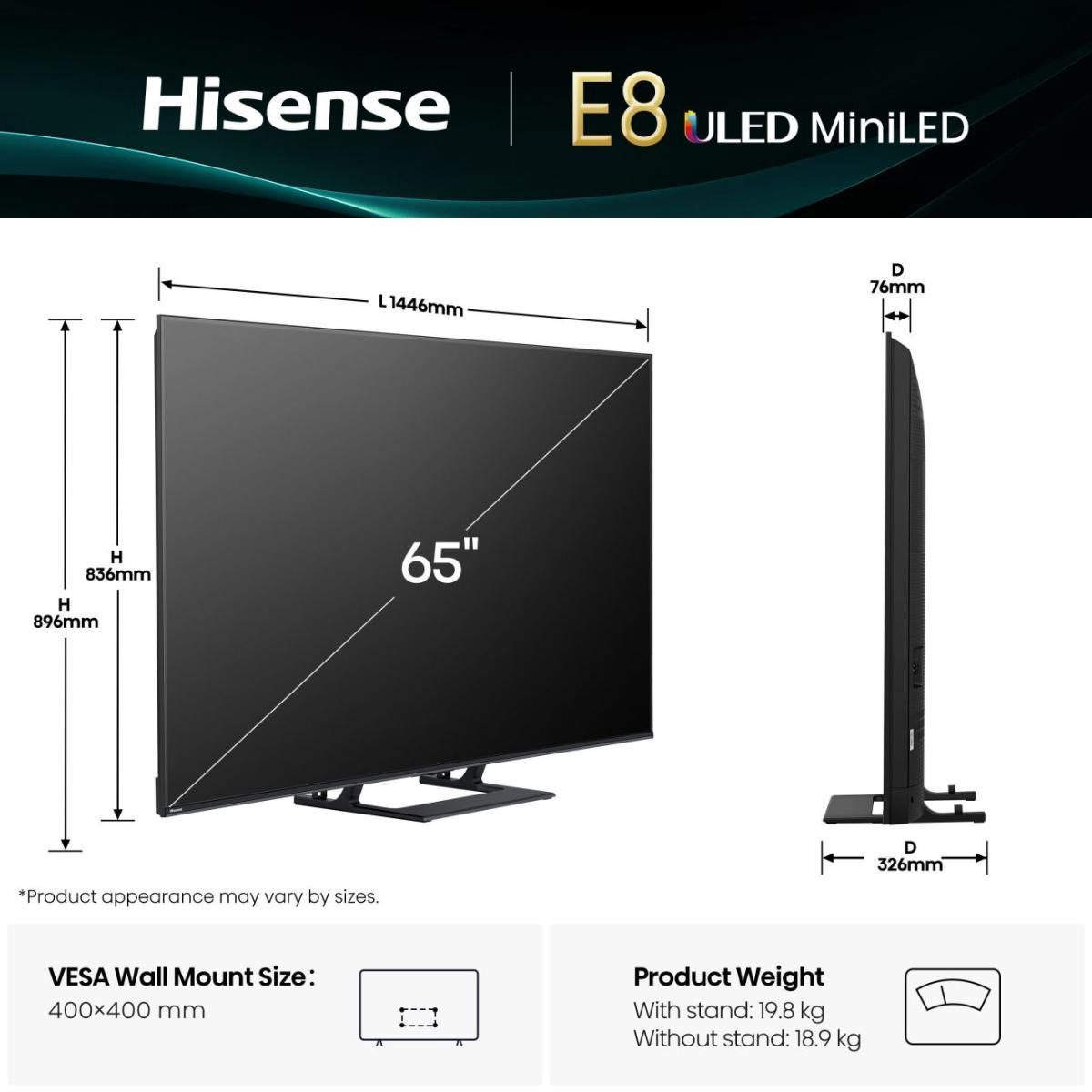 TV Set, HISENSE, 65 ", 4K Ultra HD, 3840 x 2160 pixels, Flat, 16:9, LED, 65E8Q