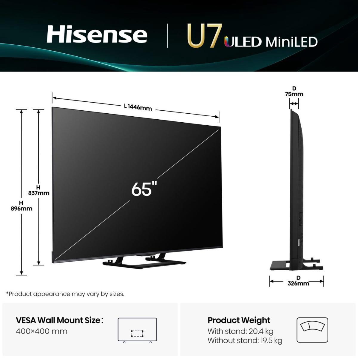Hisense Mini LED TV, 65U7Q, 65, Smart TV, VIDAA Smart OS, UHD, Black