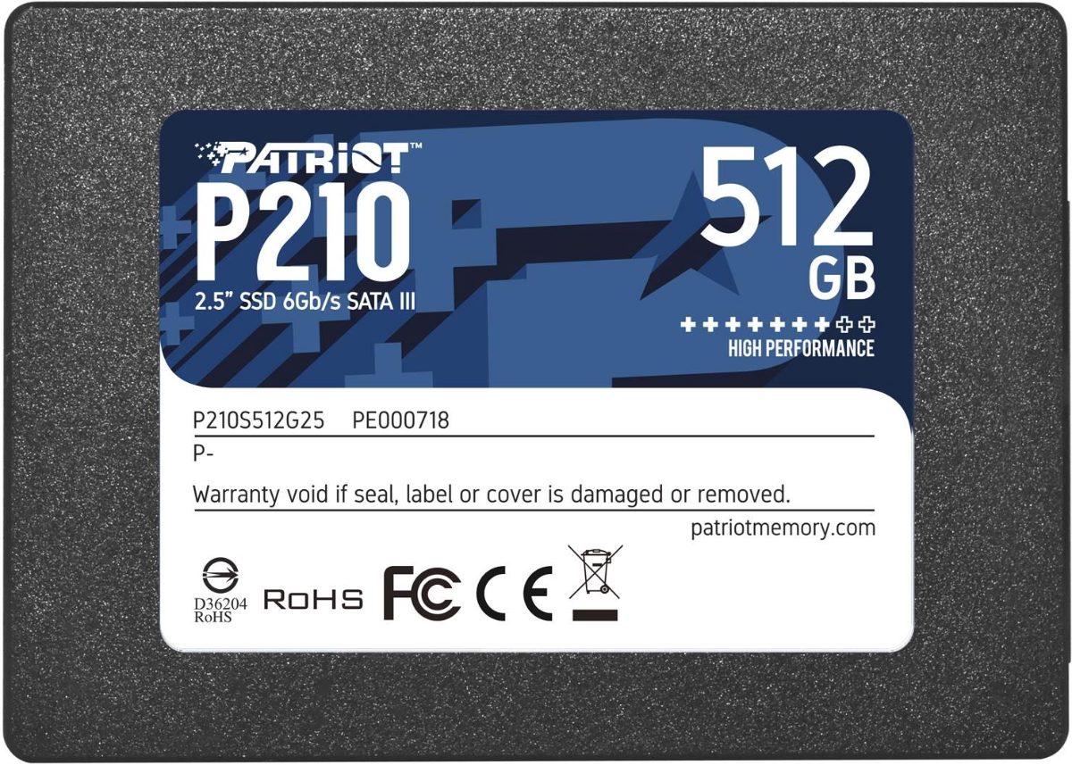 SSD, PATRIOT, P210, 512GB, SATA 3.0, Write speed 430 MBytes/sec, Read speed 520 MBytes/sec, 2,5", TBW 240 TB, P210S512G25