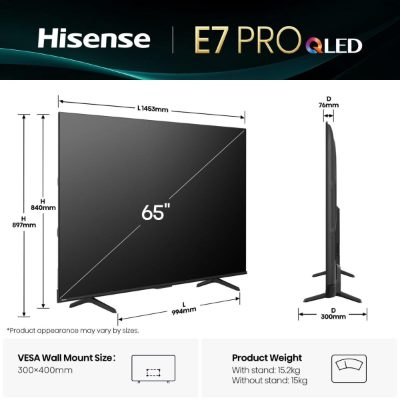 TV Set, HISENSE, 65 ", 4K Ultra HD, 3840 x 2160 pixels, Flat, 16:9, QLED Pro, 65E7QPRO