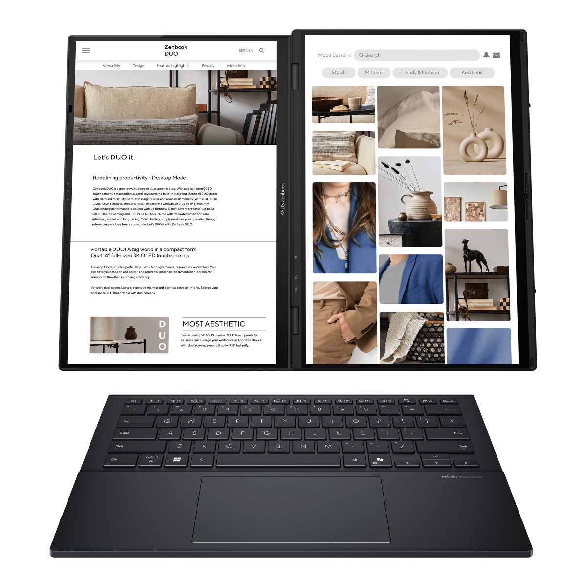 Zenbook Duo UX8406CA-QL287W, Inkwell Gray, 14 ", OLED, Touchscreen, FHD, 1920 x 1200 pixels, Intel Core Ultra 7, 255H, 16 GB, LPDDR5X, Solid-state drive capacity 1000 GB, Intel Arc Graphics, Windows 11 Home, 802.11be, Bluetooth version 5.4, Keyboard language US international, Keyboard backlit, Warranty 24 month(s), Battery warranty 12 month(s)