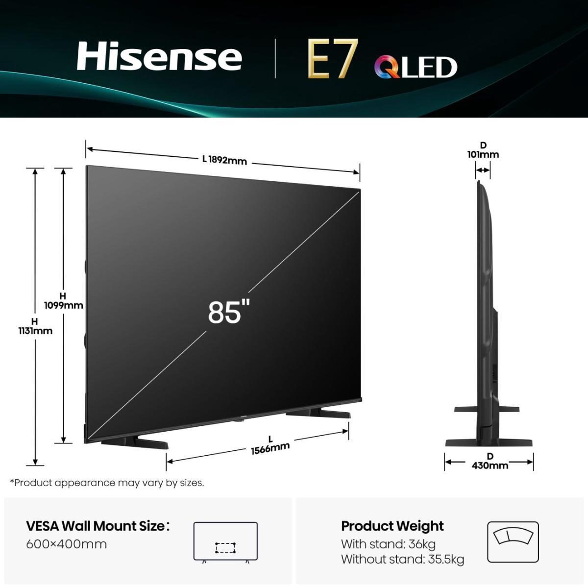 Hisense QLED TV, 85E7Q, 85, Smart TV, VIDAA Smart, UHD, Black
