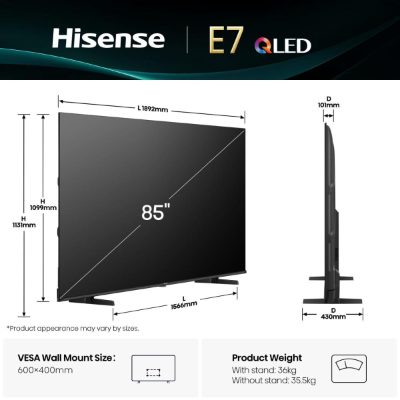 Hisense QLED TV, 85E7Q, 85, Smart TV, VIDAA Smart, UHD, Black