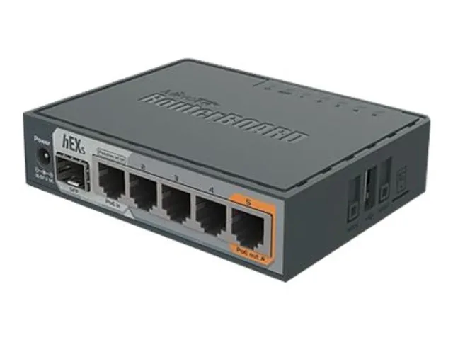 Mikrotik Wired Ethernet Router RB760iGS, hEX S, Dual Core 880MHz CPU, 256MB RAM, 16 MB (MicroSD), 5xGigabit LAN, 1xSFP, USB, IPsec hardware encryption support and The Dude server package, PCB temperature and Voltage Monitor, Beeper, RouterOS L4 | MikroTik | Enthernet Router hEX S | RB760iGS | No Wi-Fi | 10/100/1000 Mbit/s | Ethernet LAN (RJ-45) ports 5 | Mesh Support No | MU-MiMO No | No mobile broadband | Antenna type No antenna | 1 | 12 month(s)