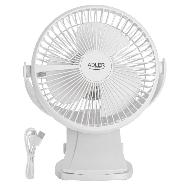 Adler Rechargeable Clip-on Desk Fan | AD 7342 | Table Fan | 5 W | Diameter 15.5 cm | Number of speeds 3 | Oscillation | White