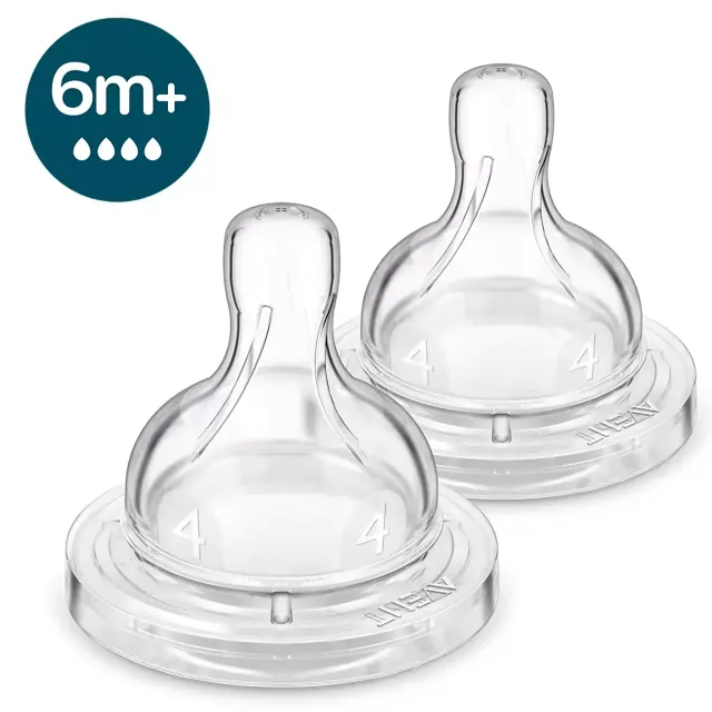 Philips Avent Pretkoliku barošanas pudeļu silikona knupīši, ātras plūsma, 6M+ (2 gab.)