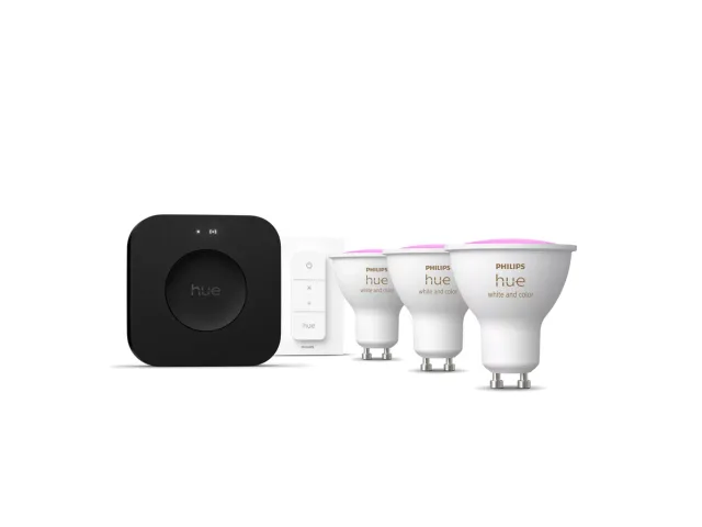 Philips Hue Starter set: 3 GU10 bulbs, dimmer switch, Hue Bridge Pro | GU10 | Zigbee, Wi-Fi, Bluetooth