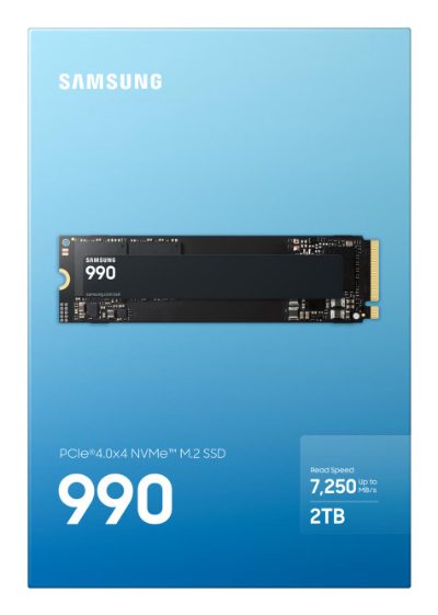 Samsung 990, 2000 GB, SSD form factor M.2 2280, Solid-state drive interface PCIe 4.0 x4 NVMe, Read speed 7250 MB/s, Write speed 6450 MB/s