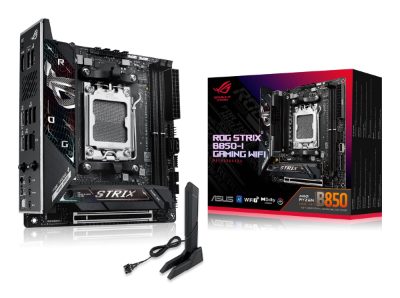 Mainboard, ASUS, AMD B850, SAM5, Mini-ITX, Memory DDR5, Memory slots 2, 1xPCI-Express 4.0 16x, 1xPCI-Express 5.0 16x, 2xM.2, 1xHDMI, 1xAudio-In, 1xAudio-Out, 1xMicrophone, 2xUSB 2.0, 5xUSB 3.2, 1xUSB-C, 1xOptical S/PDIF, 1xRJ45, STRIXB850-IGAMINGWIFI