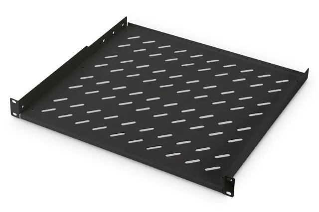 Digitus | 1U Fixed Shelf for Racks | DN-19 TRAY-1-400-SW | The shelves for fixed mounting can be installed easy on the two front 483 mm (19“) profile rails of your 483 mm (19“) network- or server cabinet. Due to their stable, perforated steel sheet with a high load capacity, they are the optimal surface for components which are not 483 mm (19”) suitable | Black