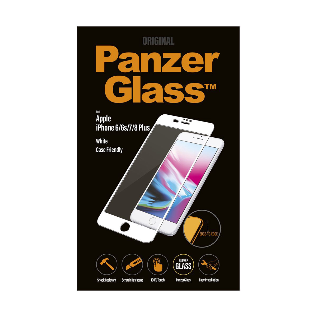 2621 Casefriendly, Screen protector, Apple, iPhone 6/6s/7/8 Plus, Tempered glass, Transparent/White, Original PanzerGlass™ tempered glass screen protector/Crystal Clear/Full frame coverage/Oleophobic layer (antibacterial + anti-fingerprint)/100% touch preservation
