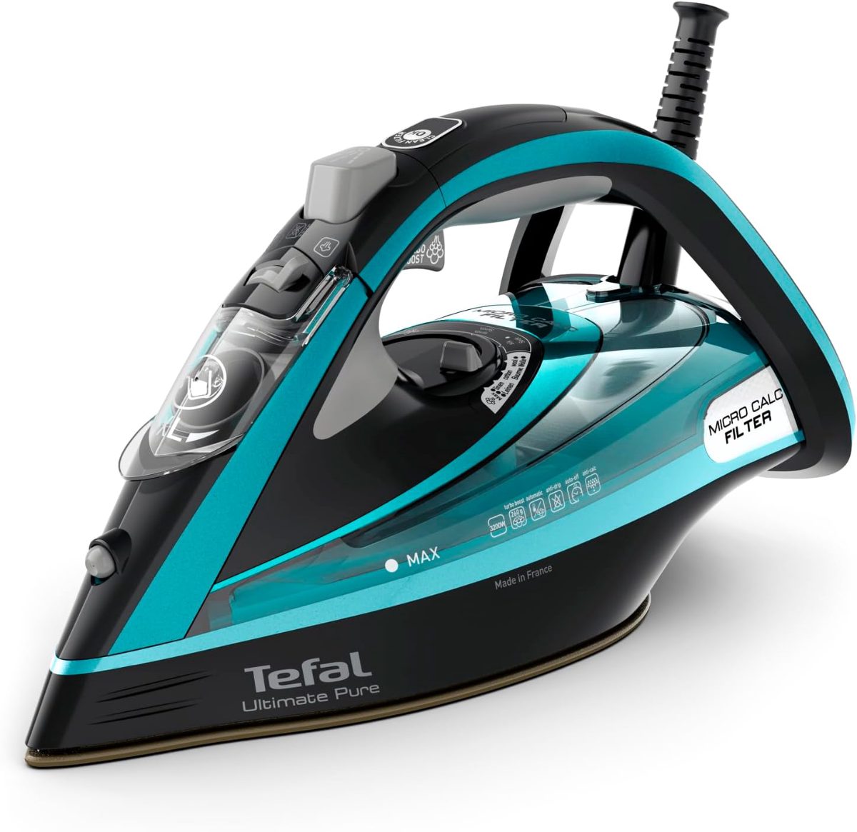 Ultimate Pure FV9844E0, Steam Iron, 3200 W, Water tank capacity 350 ml, Continuous steam 60 g/min, Steam boost performance 250 g/min, Blue/Black
