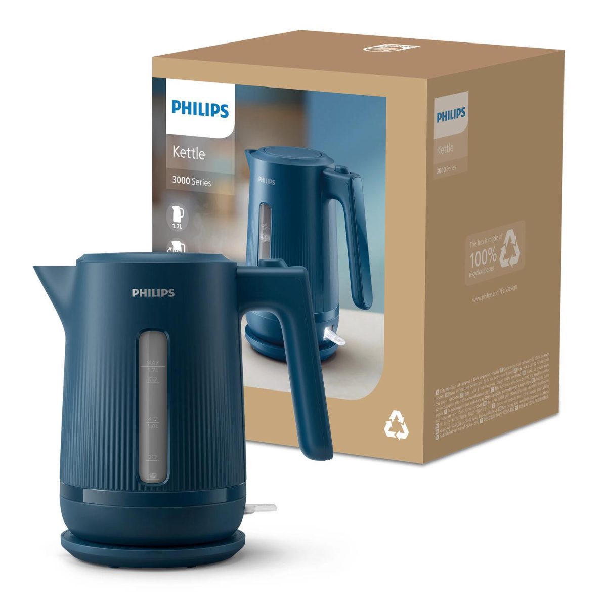 Kettle, HD9411/70 3000 series, Electric, 2200 W, 1.7 L, Plastic, 360° rotational base, Blue