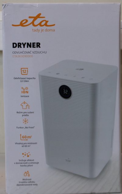 ETA ETA363090000 DRYNER Dehumidifier, Tank volume (water) 2 l, Suitable for spaces up to 60 m², White, ETA Dehumidifier, Dryner 3630 90000, Power 200 W, Suitable for rooms up to 60 m², Water tank capacity 2 L, White, DAMAGED PACKAGING, DEMO