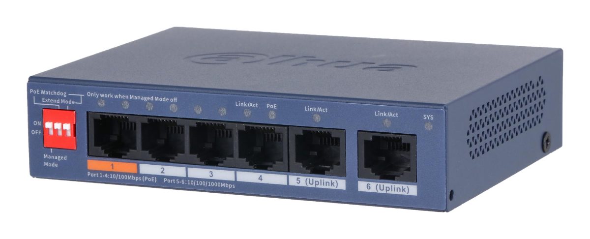 Switch, DAHUA, DH-CS4006-4ET2GT-60, Switch layer L2, 2xRJ-45 ports, RJ-45 Ports Type Fast Ethernet (10/100), 4xGigabit Ethernet (copper) ports quantity, Power over Ethernet (PoE) Yes, 4xPower over Ethernet (PoE) ports quantity, Total Power over Ethernet (PoE) budget 60 W, CS4006-4ET2GT-60
