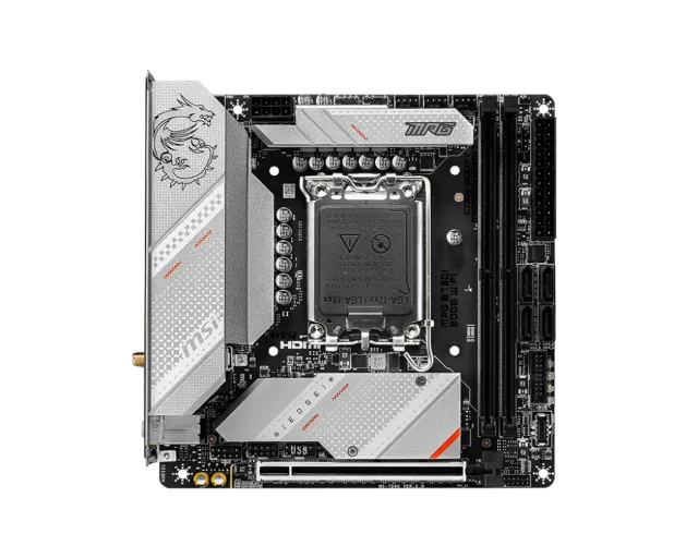 MSI | MPG B760I EDGE WIFI | Processor family Intel | Processor socket  LGA1700 | DDR5 DIMM | Memory slots 2 | Supported hard disk drive interfaces SATA, M.2 | Number of SATA connectors 4 | Chipset Intel B760 | Mini-ITX