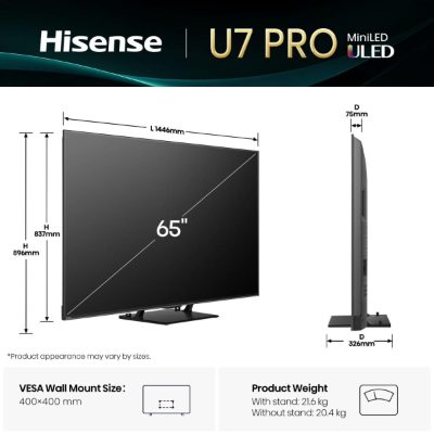 TV Set, HISENSE, 65 ", 4K Ultra HD, 3840 x 2160 pixels, Flat, 16:9, ULED, 65U7QPRO