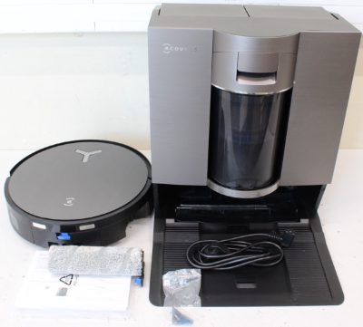 Ecovacs DEEBOT X11 OMNICYCLONE EU Vacuum & mop, Wet&Dry,with new bagless All-in-One OmniCyclone station, Black (with brown shimmer, Ecovacs Robot Vacuum Cleaner with New Bagless All-in-One OmniCyclone Station, DEEBOT X11 OMNICYCLONE EU, Wet&Dry, 6400 mAh, 19500 Pa, Black, ITEM USED, DIRTY AND SCRATCHED. MISSING BRUSH