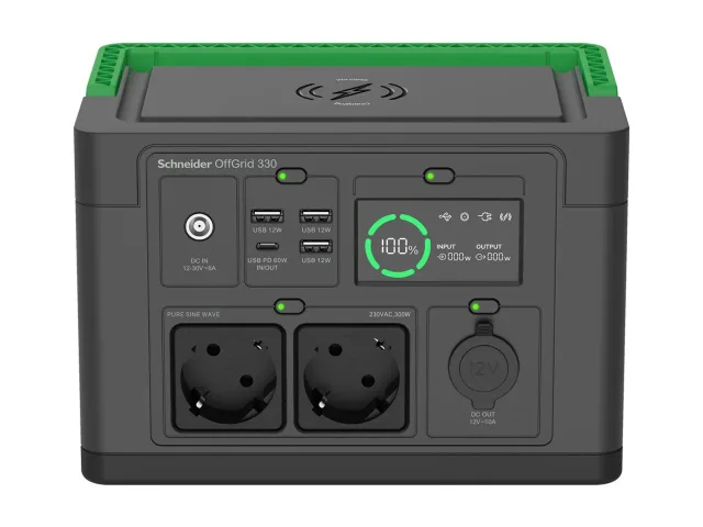 Schneider Electric Schneider OffGrid Portable Power Station 330, 230V, 332Wh Lithium-ion, LCD, 2 CEE 7/3 Schuko outlets, Sinewave, 3 USB-A, 1 USB-C, Wireless Charger | PPS330-GR