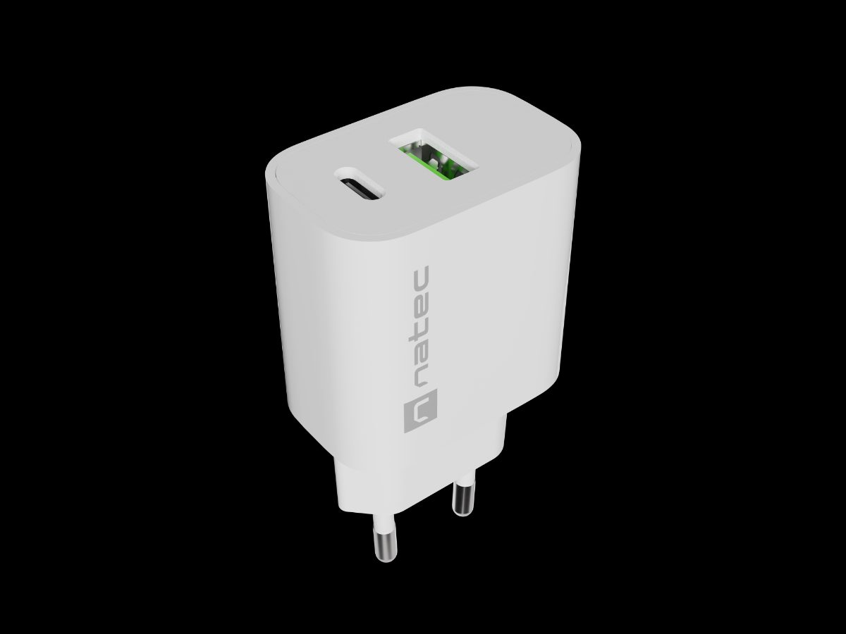 Natec Ribera USB Charger 1X USB-A + 1X USB-C 20W, White