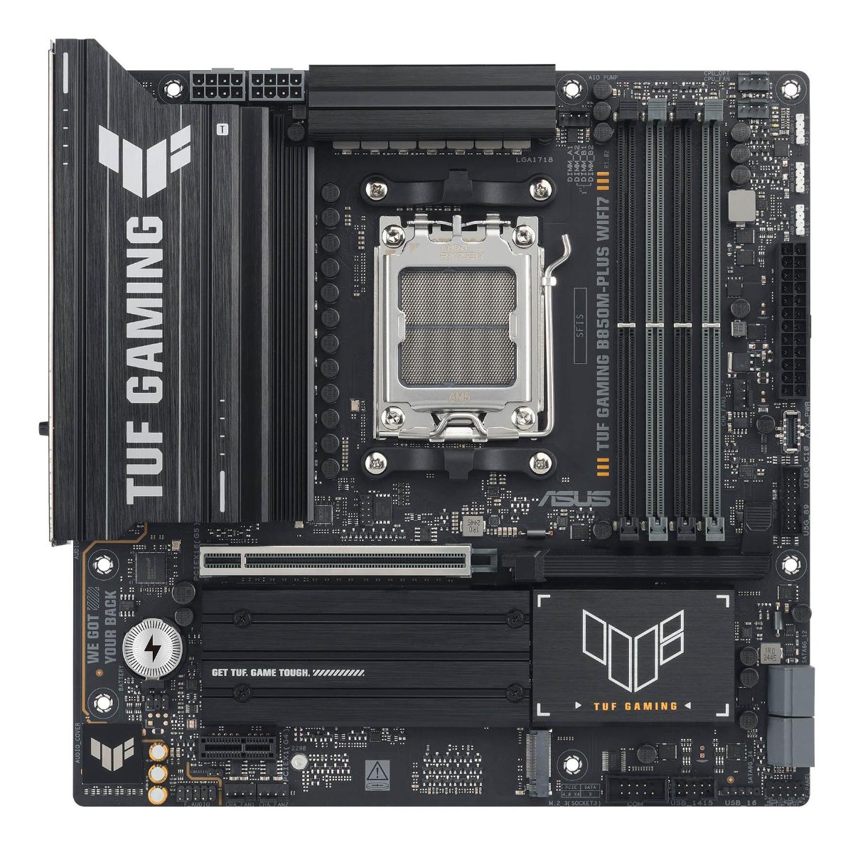 Asus TUF GAMING B850M-PLUS WIFI7, Processor family AMD, Processor socket AM5, DDR5, Supported hard disk drive interfaces SATA, M.2, Number of SATA connectors 4
