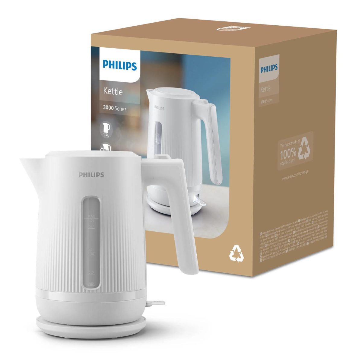 Philips Kettle, HD9411/00 3000 Series, Electric, 2200 W, 1.7 L, Plastic, 360° rotational base, White
