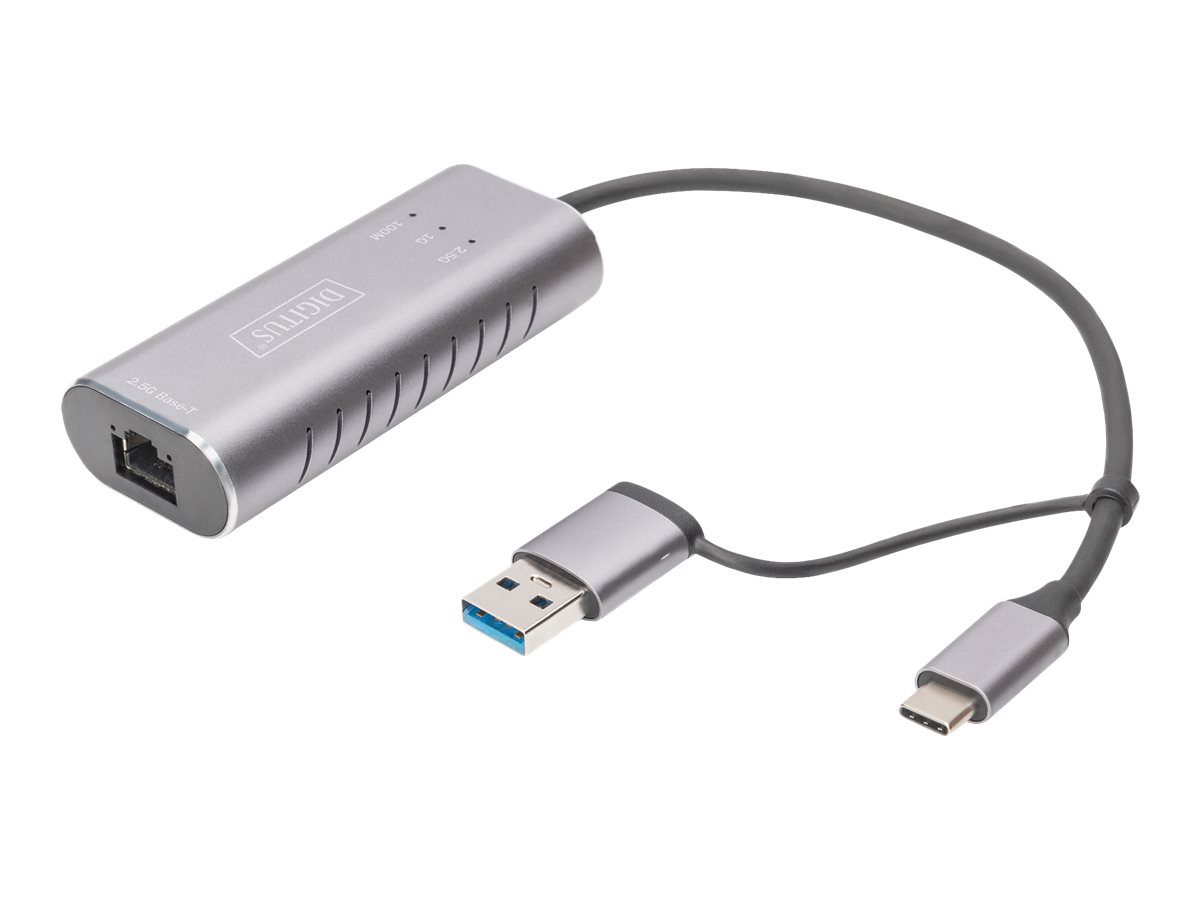USB Type-C Gigabit Ethernet Adapter 2.5G, USB-C + USB A (USB3.1/3.0), DN-3028, USB3.0/USB C 3.1 to 2.5G Ethernet Adapter
