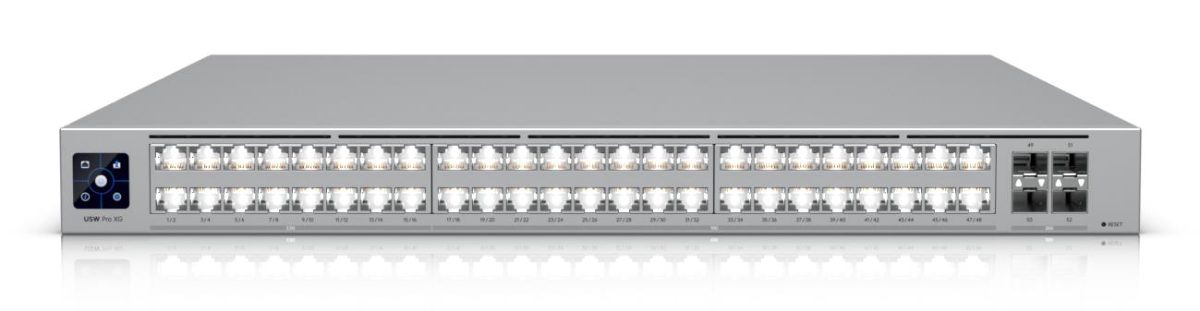 Switch, UBIQUITI, Switch type Managed, Switch layer L2/L3, Rack mounting Yes, Stackable Yes, Form factor 1U, 48xRJ-45 ports, RJ-45 Ports Type 10G Ethernet (100/1000/10000), 16x2.5G Ethernet (copper) ports quantity, 32x10G Ethernet (copper) ports quantity, 4xSFP28 ports quantity, 10G support Yes, USW-PRO-XG-48