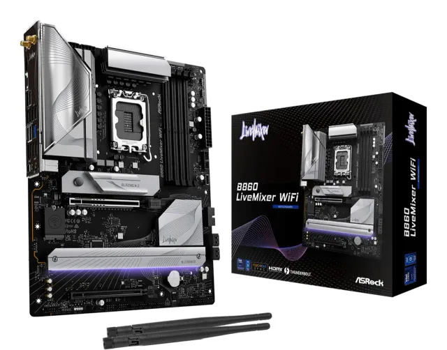 Mainboard|ASROCK|Intel B860 Express|LGA1851|ATX|Memory DDR5|Memory slots 4|1xPCI-Express 4.0 16x|1xPCI-Express 5.0 16x|1xM.2|1xHDMI|1xAudio-Out|1xMicrophone|6xUSB 2.0|6xUSB 3.2|1xUSB-C w/Thunderbolt|1xOptical S/PDIF|1xRJ45|B860LIVEMIXERWIFI