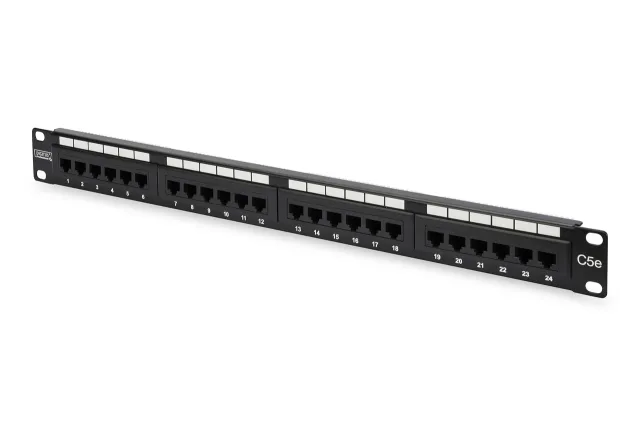 Digitus | Patch Panel | DN-91524U | 48.2 x 4.4 x 10.9 cm | Category: CAT 5e; Ports: 24 x RJ45; Retention strength: 7.7 kg; Insertion force: 30N max | Black