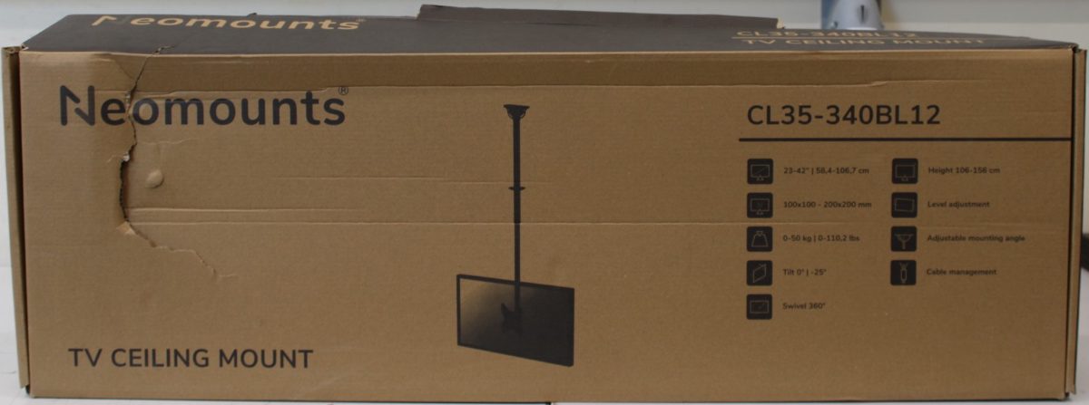 Neomounts CL35-340BL12 Monitor/TV mount ceiling 1 screen - 23-42" - max 50 kg - VESA 100x100-200x200 - h 106-156 cm - black, Neomounts CL35-340BL12 Monitor/TV mount Ceiling, Adjustable Height, Rotate, Tilt, Swivel, 23-42 ", Maximum weight (capacity) 50 kg, DAMAGED PACKAGING, Black