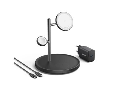 Anker MagGo Wireless Charging Station (15W, 3-in-1 Stand) with cable and charger bundle