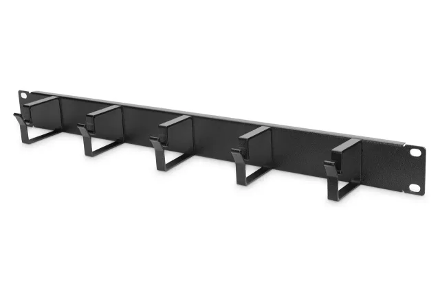 Digitus | Cable Management Panel | DN-97602 | 5x cable management ring (HxD: 40x60 mm). The Cable Management Panel is getting fixed on the 483 mm (19“) profile rails. Five cable guiding rings allow an easy, horizontal array of patch cables. It guarantees an optimized cable management in your 483 mm (19”) network- or server rack. | Black