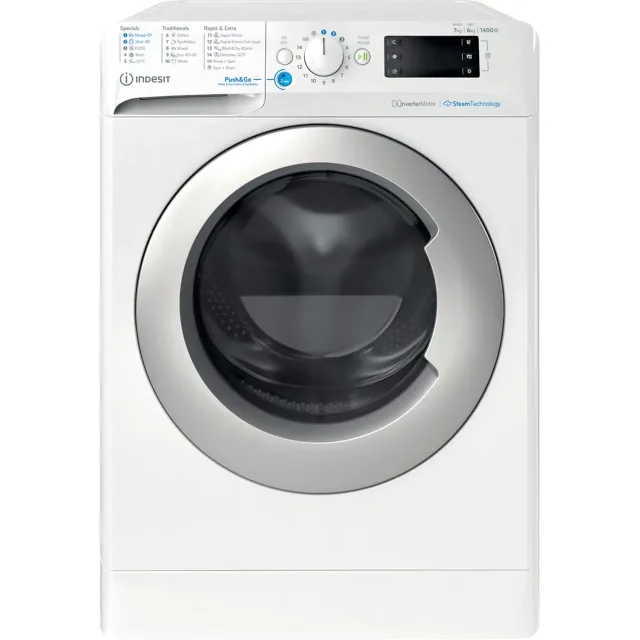 INDESIT | Washing machine with Dryer | BDE 76435 WSV EE | Energy efficiency class B/D | Front loading | Washing capacity 7 kg | 1350 RPM | Depth 54 cm | Width 60 cm | Display | LCD | Drying system | Drying capacity 6 kg | Steam function | White